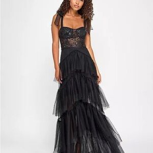 City Studio Black Lace Bodice Tiered Tulle Maxi Dress